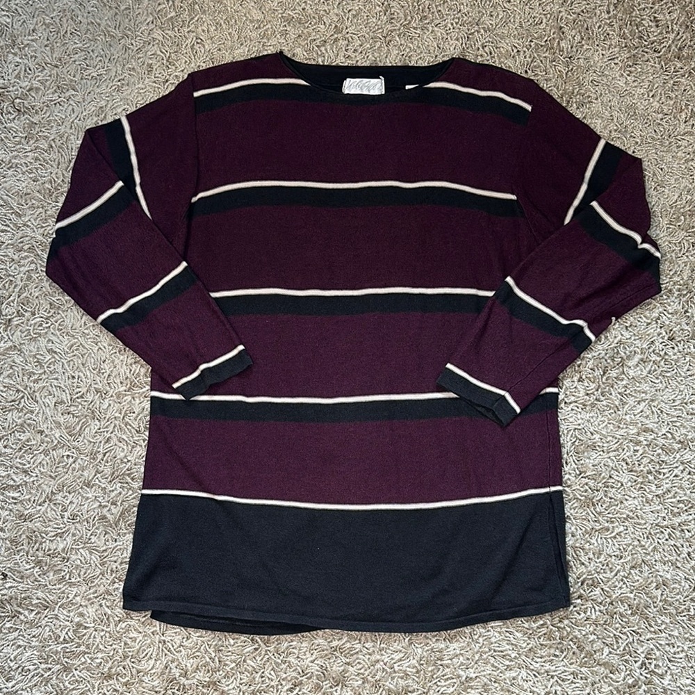 Lord & Taylor Purple w/Black and White Stripes Crewneck‎ Sweater Sz Large